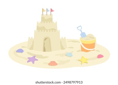 Sandburg mit bunten Muscheln, einzeln auf weißem Hintergrund. Konzept des Sommers, Strand, Kinderaktivität, Meer, Urlaub, Urlaub, Familienaktivität, Entspannung. Flache Vektorgrafik.