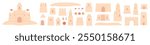 Sand castle elements. Kids towers walls and gates. Construction details for builds on beach. Sandy palaces strongholds, fortresses racy vector set