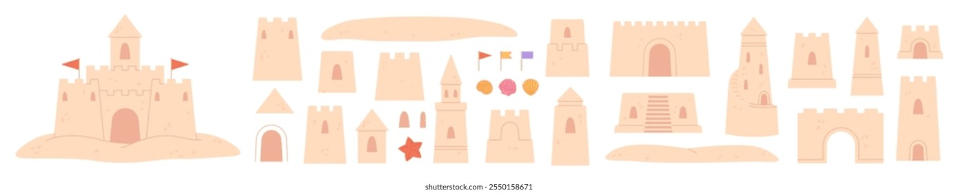 Sand castle elements. Kids towers walls and gates. Construction details for builds on beach. Sandy palaces strongholds, fortresses racy vector set