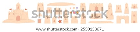 Sand castle elements. Kids towers walls and gates. Construction details for builds on beach. Sandy palaces strongholds, fortresses racy vector set