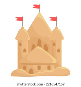 Sand Castle Fairytale Beach Building Exterior With Red Flags Vector Flat Illustration. Sandcastle Fantasy Game Summer Playing Kingdom Fortress With Towers. Royal Architecture House Facade Structure