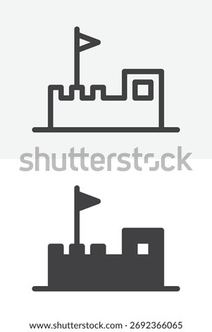 Sand castle with flag different style icon set. Line and glyph version, outline and solid vector sign. Editable stroke beach play icon symbol.