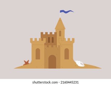 A sand castle with a flag, a sea shell and a star, a summer beach concept