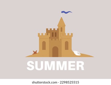 A sand castle with a flag, a sea shell and a star, a summer beach concept