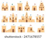 Sand Castle Flat Style Set, Cartoon Design, Hand Drawn Sand Castle Set, Vector Illustration