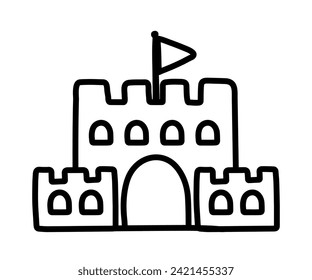 Sand castle and fortress in black outline drawing icon. Flat icon vector illustration isolated on white background for summer vacation element decoration vector illustration