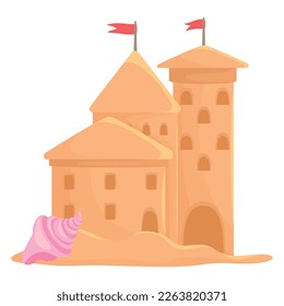 Sand castle fortress building red flags and seashell beach summer vacation vector illustration. Sandcastle childish architecture construction seaside coastline sandy sculpture fort game play toy house
