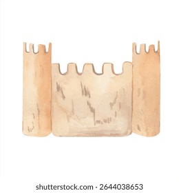 Sand castle or fortress. Watercolor hand drawn illustration beach game isolated from the background. For design postcards, greetings, birthday, calendar, wallpapers, wrapping paper, scrapbooking