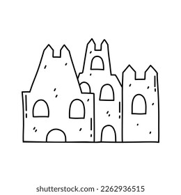 Sand Castle in hand drawn doodle style. Cute template. Vector illustration. Design of book illustrations, coloring pages for kids.