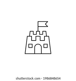 Icono de castillo de arena con estilo de línea negra plana, aislado en fondo blanco 