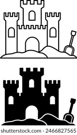 Iconos de Castillo de Arena. Iconos vectoriales en blanco y negro. Un edificio hecho de arena y una pala para niños. Juegos divertidos en la playa. Concepto de verano y vacaciones