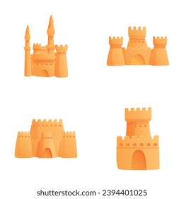 Sand castle icons set cartoon vector. Various sand castle with tower. Seaside holiday concept