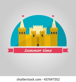 Sand castle illustration in flat style on blue background. Summer time illustration.