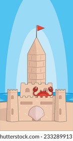 sand castle illustration with red crab on the beach