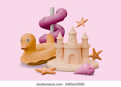 Sand castle, inflatable funny duck ring, shell, starfish, water slide. Fun entertainment