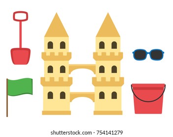 Sand castle isolated in flat style. Cartoon sandcastle. Children summer activities. Vector illustration.