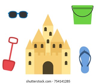 Sand castle isolated in flat style. Cartoon sandcastle. Children summer activities. Vector illustration.