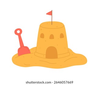 Sand castle isolated on white background. Flat, vector element for creating a summer design. Tower with flag, gate and baby paddle. It can be used to create banners, printing, and advertising.