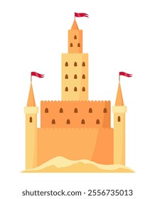 Sand castle. Kids fortress constructions. Sandy stronghold with wall and tower. Summer beach games to build sandy palaces or citadel. Vector cartoon illustration of beach sculptures