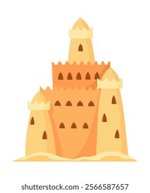 Sand castle. Kids fortress constructions. Sandy stronghold with wall and tower. Summer beach games to build sandy palaces or citadel. Vector cartoon illustration of beach sculptures