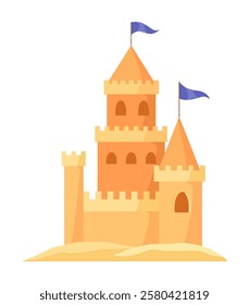 Sand castle. Kids fortress constructions. Sandy stronghold with wall and tower. Summer beach games to build sandy palaces or citadel. Vector cartoon illustration of beach sculptures