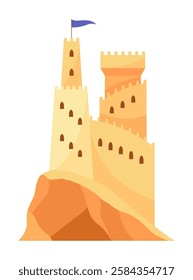 Sand castle. Kids fortress constructions. Sandy stronghold with wall and tower. Summer beach games to build sandy palaces or citadel. Vector cartoon illustration of beach sculptures