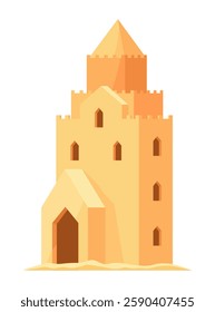 Sand castle. Kids fortress constructions. Sandy stronghold with wall and tower. Summer beach games to build sandy palaces or citadel. Vector cartoon illustration of beach sculptures