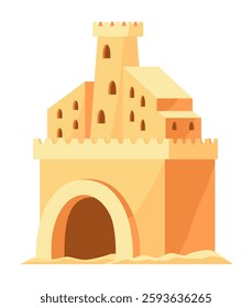 Sand castle. Kids fortress constructions. Sandy stronghold with wall and tower. Summer beach games to build sandy palaces or citadel. Vector cartoon illustration of beach sculptures