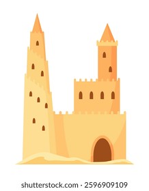 Sand castle. Kids fortress constructions. Sandy stronghold with wall and tower. Summer beach games to build sandy palaces or citadel. Vector cartoon illustration of beach sculptures