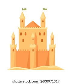 Sand castle. Kids fortress constructions. Sandy stronghold with wall and tower. Summer beach games to build sandy palaces or citadel. Vector cartoon illustration of beach sculptures