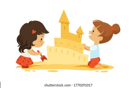 Sand Castle. Little Girls Play In Sandbox Or On Beach. Isolated Kids Outdoors Vector Characters