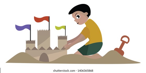 A sand castle is a model castle of sand, usually made by children playing on the beach., vector, color drawing or illustration. 