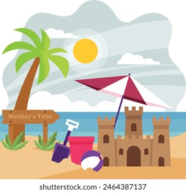 sand castle on a beach with a blue sea and a sunny summer sky concept vector colorful design, Nature and landscape postcard, Scenic Warm Season Vibes Sign, Idyllic Remote Resort stock illustration