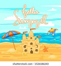 Sand castle on the beach by the water and the inscription "Hello summer". Summer cartoon collection in vector