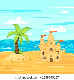 Sand castle on the beach by the water. Summer cartoon collection in vector