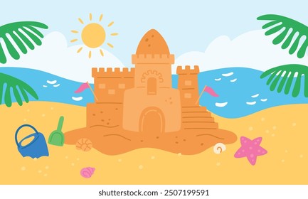 Sand castle on beach. Children building on seashore. Summer games. Sandy stronghold. Bucket and scoop. Sandcastle tower with flag and sea shell. Travel vacation. Garish