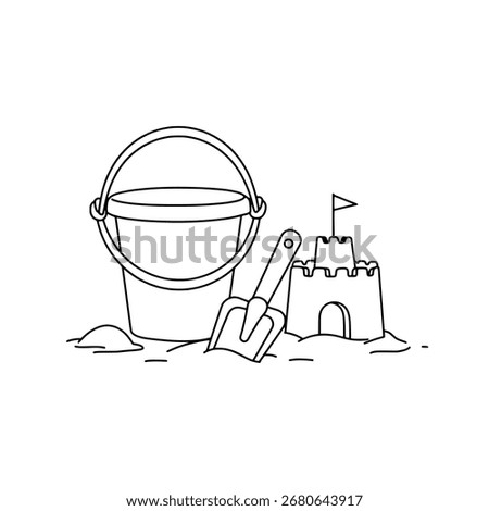 Sand castle on the beach line drawing, vector illustration of a bucket and spade with a castle for a summer vacation theme.