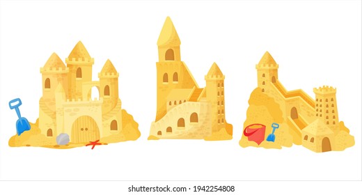 Sand castle on the beach. A set of buildings on the beach, games on the coast. Vector illustration isolated on white background.