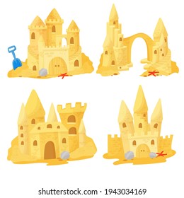 Sand castle on the beach. A set of buildings on the beach, games on the coast. Vector illustration isolated on white background.