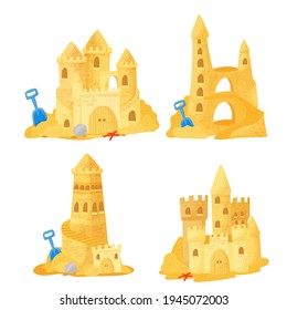 Sand castle on the beach. A set of buildings on the beach, games on the coast. Vector illustration isolated on white background.