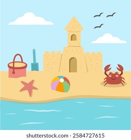  sand castle on the beach, summer background illustration, beach landscape with sandcastle cartoon