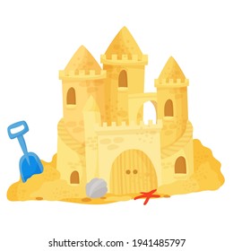Sand castle on the beach. Vector illustration isolated on white background