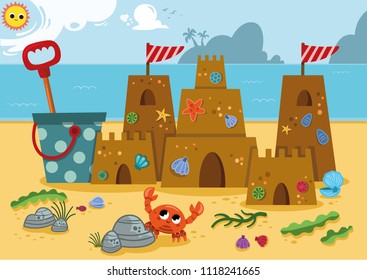 Sand castle  on the coast of the ocean. Vector illustration. 