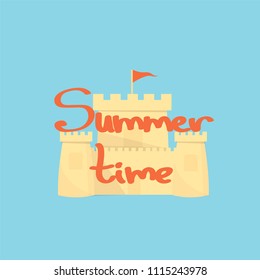 Sand castle on a light blue background with the word summer.