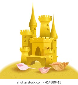 Sand castle on the sea sand, seashells are next to the castle. Illustration isolated on white.