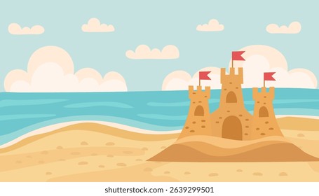 Sand castle on the seashore. Summer beach banner. Vector background in flat style.