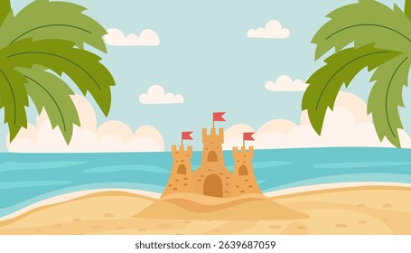 Sand castle on the seashore. Summer beach banner with palms leaves and sandy fortress. Vector background in flat style.