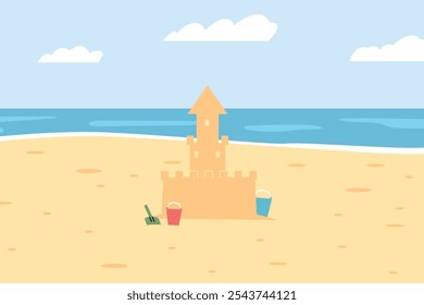 Castillo de arena en la playa. Castillos de arena de la playa, cubos de plástico para los niños juegan. Vacaciones de verano, vacaciones en el océano y Vector de Ocio al aire libre