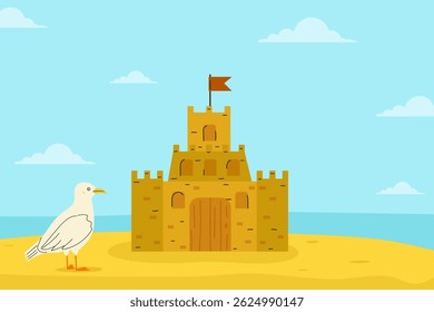 Sand castle on a sunny beach with a seagull standing nearby