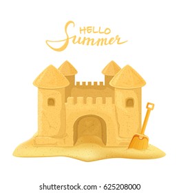 Sand castle with orange shovel and lettering Hello Summer isolated on white background, illustration.